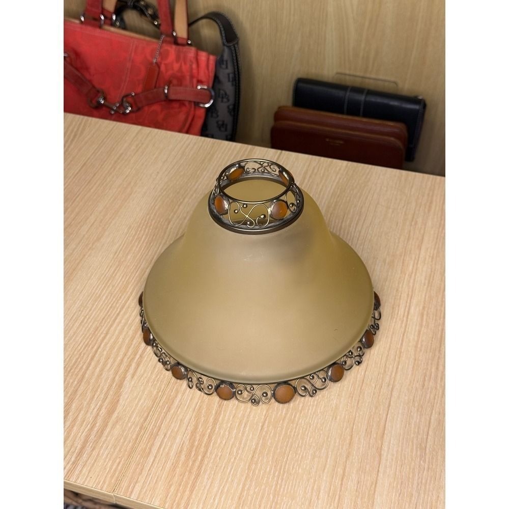 Tan Frosted Glass Tiffany Style Lamp Shade Amber Filigree Metal Trim 8.5 Inch